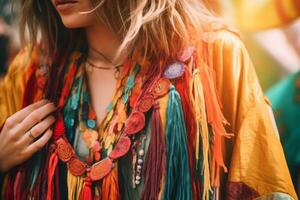 A close-up shot of a stylish individual wearing vintage hippie fashion, featuring flowing fabrics, fringe, and vibrant colors. Generative AI photo