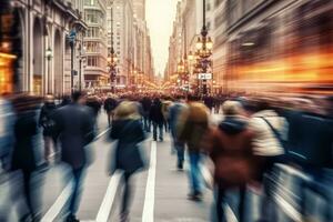 A blurred motion shot of people walking through a busy city street, conveying the dynamic and energetic atmosphere of urban life. Generative AI photo