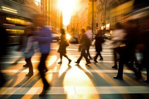 un borroso movimiento Disparo de personas caminando mediante un ocupado ciudad calle, transporte el dinámica y energético atmósfera de urbano vida. generativo ai foto