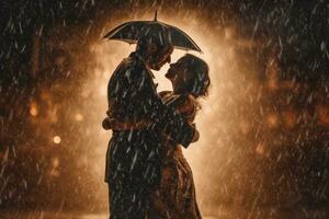 Couple dancing or embracing passionately in the rain. Generative Ai photo