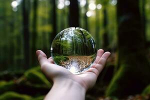 Holding a crystal ball in hand, blurry green forest in background. Generative Ai photo