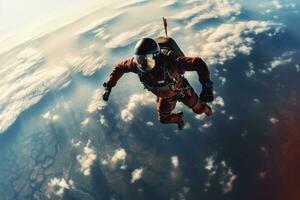 A dynamic shot of a person engaged in an extreme sport like skydiving conveying a sense of thrill and adventure. Generative Ai photo