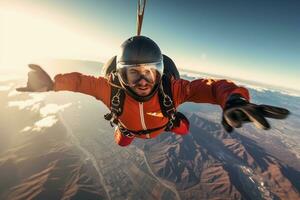 A dynamic shot of a person engaged in an extreme sport like skydiving conveying a sense of thrill and adventure. Generative Ai photo