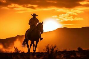 un silueta de un vaquero montando en contra un vibrante atardecer, capturar el belleza y soledad de el occidental frontera. generativo ai foto