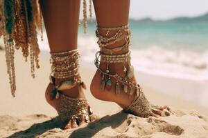 Bohemian styled girl wearing indian silver jewelry on the beach. Generative Ai photo