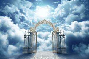 Majestic afterlife entrance.Gates of heaven entrance to meeting God. Generative Ai photo