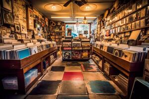 un interior Disparo de un retro grabar Tienda con estantería lleno con vinilo registros desde el 1960, evocando nostalgia y capturar el música cultura de el tiempo. generativo ai foto