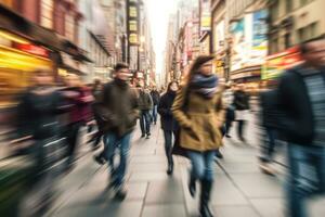 un borroso movimiento Disparo de personas caminando mediante un ocupado ciudad calle, transporte el dinámica y energético atmósfera de urbano vida. generativo ai foto