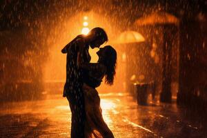 Couple dancing or embracing passionately in the rain. Generative Ai photo