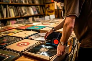 A shot of a person flipping through a collection of vinyl records from the 1960s, showcasing the music and cultural influences of the era. Generative AI photo