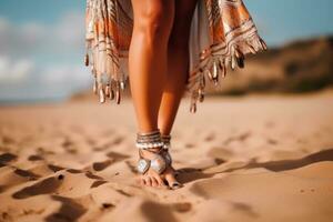 Bohemian styled girl wearing indian silver jewelry on the beach. Generative Ai photo