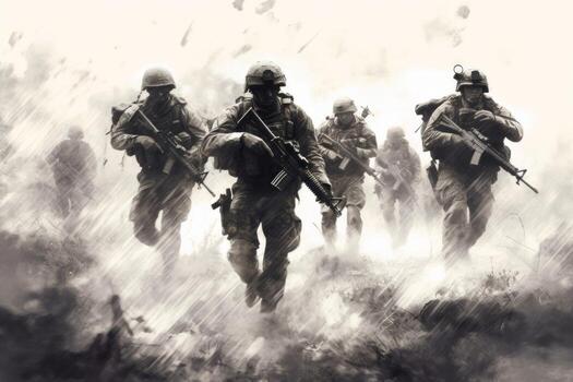 A group of soldiers in action, advancing through a war-torn landscape, showcasing the bravery and camaraderie of the troops. Generative Ai photo
