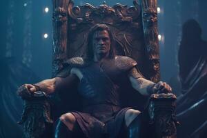 un imagen exhibiendo bárbaro sentado en un majestuoso trono, simbolizando su subir a poder y su destino como un conquistador. generativo ai foto