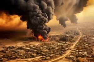 Intense devastation as thick smoke and flames engulf oil fields in Iraq, portraying the impact of war and destruction. Generative AI photo