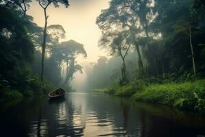 Ethereal beauty of the Amazon rainforest on a misty morning, with trees partially covered in fog, Generative Ai photo