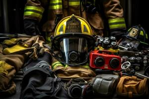 de cerca imagen de un bomberos engranaje, enfoque en su casco, guantes, botas, y herramientas, transporte el preparación y profesionalismo de el lucha contra incendios equipo. generativo ai foto