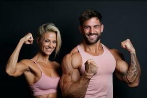 Smiling athletic couple poses and show their perfect body muscles. Generative AI photo