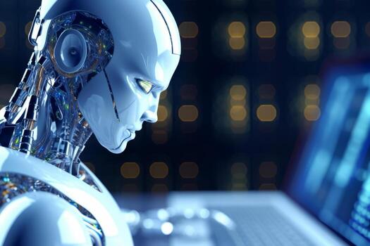 robot utilizando computadora software para gpt binario codificación en servidor habitación. generativo ai foto