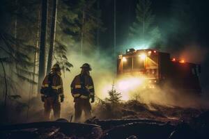 Firefighters using powerful floodlights to battle a forest fire during the night, creating a sense of urgency and highlighting their round-the-clock commitment. Generative Ai photo
