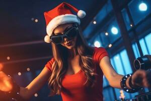 A female DJ in a red suit is playing music at a nightclub. She is wearing a red hat and headphones and is focused on the turntables. Generative AI photo