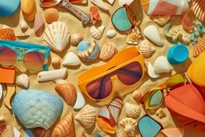 A vibrant collage featuring retro elements such as vintage sunglasses, seashells, and colorful flip flops, evoking the nostalgic feel of summer at the beach. Generative AI photo