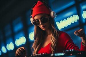 A female DJ in a red suit is playing music at a nightclub. She is wearing a red hat and headphones and is focused on the turntables. Generative AI photo