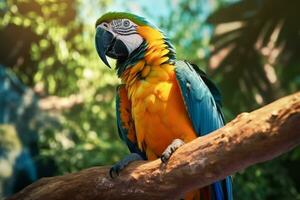 close-up of a colorful macaw perched on a tree branch, showcasing the rich biodiversity of the Amazon and its vibrant bird species. Generative AI photo