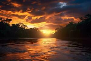 un asombroso imagen exhibiendo un vibrante puesta de sol fundición calentar matices terminado el Amazonas selva, creando un sereno y pintoresco escena. generativo ai foto