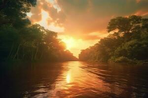 un asombroso imagen exhibiendo un vibrante puesta de sol fundición calentar matices terminado el Amazonas selva, creando un sereno y pintoresco escena. generativo ai foto