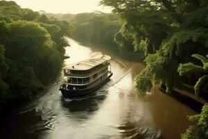 Boat navigating through the winding rivers of the Amazon, with lush greenery and wildlife in the background, emphasizing the exploration aspect. Generative AI photo