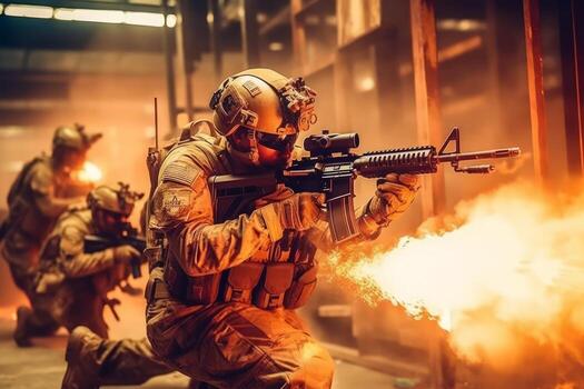An action-packed image capturing the intensity of a firefight, with soldiers taking cover, exchanging gunfire, and showcasing the adrenaline-fueled moments of combat. Generative AI photo
