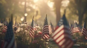 Memorial for fallen soldiers, with flags, flowers, and a sense of reverence, honoring their sacrifice and bravery. Generative Ai photo