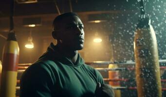 Male training in his gritty neighborhood gym, surrounded by punching bags, weights, and sweaty athletes. Generative AI photo