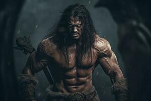 Barbarian in a powerful and commanding pose, showcasing his impressive physique and warrior spirit. Generative Ai photo