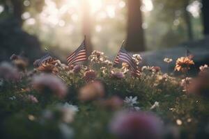 Memorial for fallen soldiers, with flags, flowers, and a sense of reverence, honoring their sacrifice and bravery. Generative Ai photo