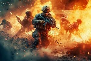 An action-packed image capturing the intensity of a firefight, with soldiers taking cover, exchanging gunfire, and showcasing the adrenaline-fueled moments of combat. Generative AI photo