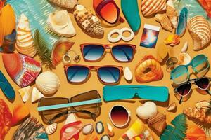 A vibrant collage featuring retro elements such as vintage sunglasses, seashells, and colorful flip flops, evoking the nostalgic feel of summer at the beach. Generative AI photo