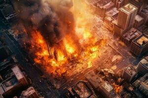 destruido ardiente rascacielos edificio con fuego llamas fumar y en un ciudad. generativo ai foto