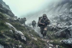 Soldiers on patrol, navigating through rugged terrain with their weapons at the ready. photo