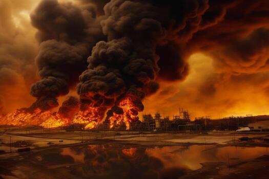 Intense devastation as thick smoke and flames engulf oil fields in Iraq, portraying the impact of war and destruction. Generative AI photo