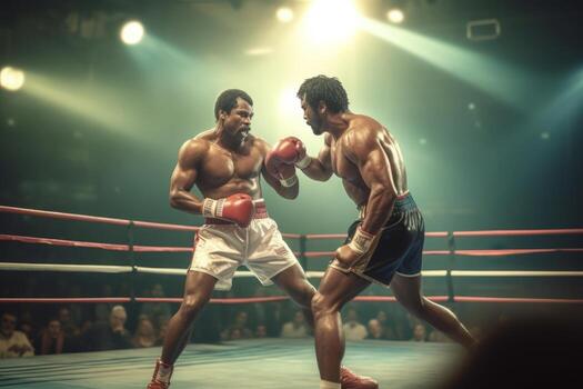 Final fight between two boxer, with both boxers locked in an intense battle, conveying the spirit of competition and triumph. Generative AI photo