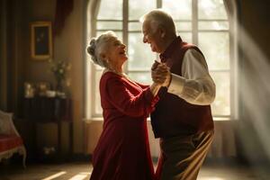 Elder couple dancing with grace and elegance, symbolizing the enduring love and passion. Generative AI photo