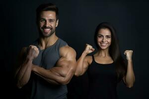 Smiling athletic couple poses and show their perfect body muscles. Generative AI photo