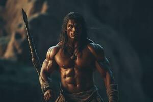 Barbarian in a powerful and commanding pose, showcasing his impressive physique and warrior spirit. Generative Ai photo