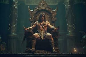 un imagen exhibiendo bárbaro sentado en un majestuoso trono, simbolizando su subir a poder y su destino como un conquistador. generativo ai foto
