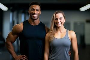Smiling athletic couple poses and show their perfect body muscles. Generative AI photo