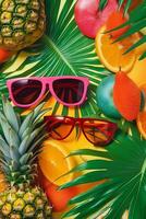 A vibrant collage featuring bold pop art elements such as palm trees, oversized sunglasses, and colorful exotic fruits, capturing the energetic and tropical spirit of summer. Generative AI photo