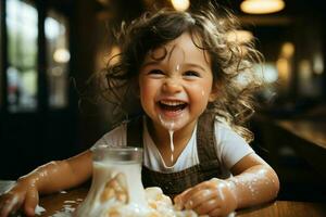 un de cerca Disparo capturar el pequeño muchachas cara con un juguetón Leche Bigote, exhibiendo el divertido y inocencia de infancia. generativo ai foto