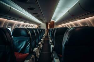 Interior of an airplane, rows of leather seats line the aircraft, illuminating the cabin with soft overhead lights. Generative AI photo