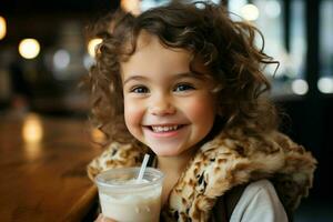 un de cerca Disparo capturar el pequeño muchachas cara con un juguetón Leche Bigote, exhibiendo el divertido y inocencia de infancia. generativo ai foto